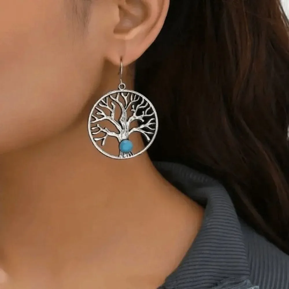 Boho Silver Tree Of Life Inlaid Turquoise Dangle Earrings